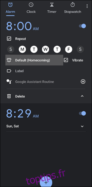 Paramètres d'alarme Google Clock