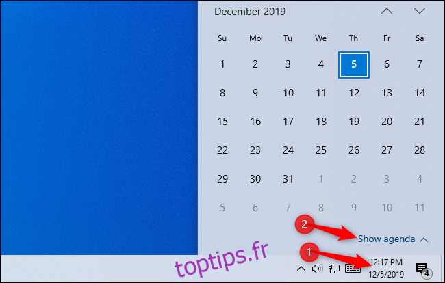 Affichage de l'agenda dans la fenêtre contextuelle de l'horloge de Windows 10.