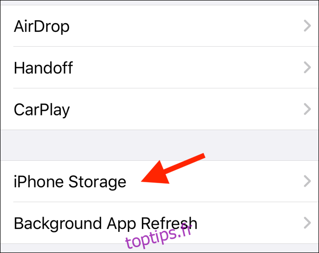 Sélectionnez l'option de stockage iPhone sous Général dans l'application Paramètres