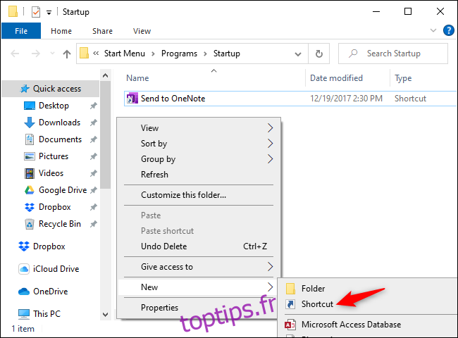 Création d'un nouveau raccourci de démarrage sur Windows 10.