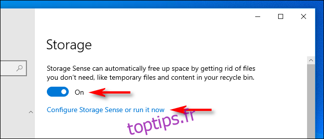 Cliquez sur le commutateur pour activer Storage Sense dans les paramètres de Windows 10