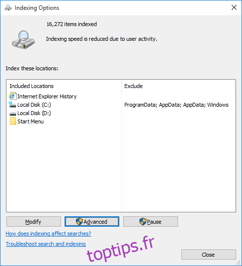 Options d'indexation win10