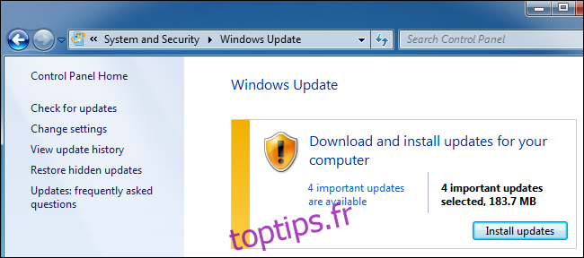 Windows Update dans le panneau de configuration sous Windows 7.