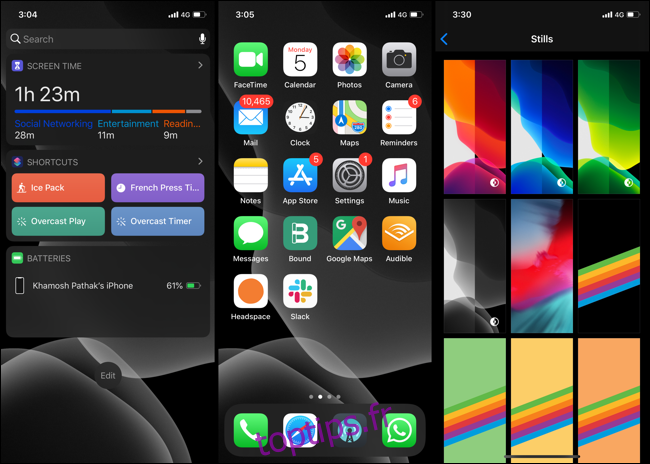Widgets et écran d'accueil du mode sombre iOS 13