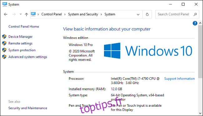 L'écran Système dans le Panneau de configuration de Windows 10.