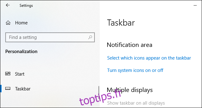 Options de la zone de notification sur l'écran des paramètres de la barre des tâches de Windows 10.