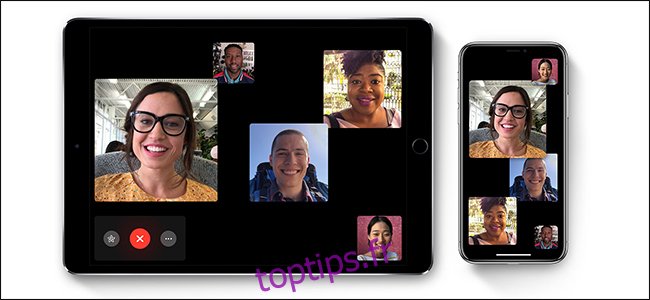 Cinq personnes sur un appel FaceTime sur un iPad et un iPhone.