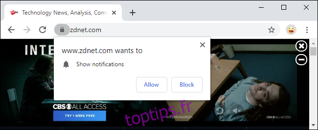 L'ancienne invite de notification dans Google Chrome