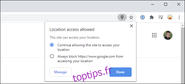 Fenêtre pop-up Google Chrome indiquant l'accès à la localisation autorisé sur un site Web.
