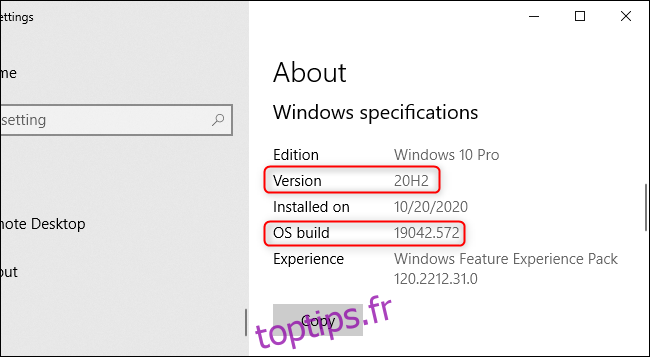 Le numéro de version de Windows dans l'application Paramètres