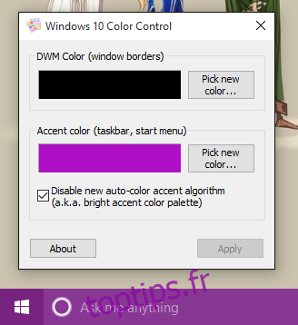 Contrôle des couleurs Windows 10 -accent-off