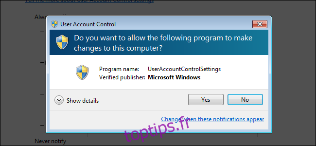 Une invite de sécurité de contrôle de compte d'utilisateur sur Windows 7.
