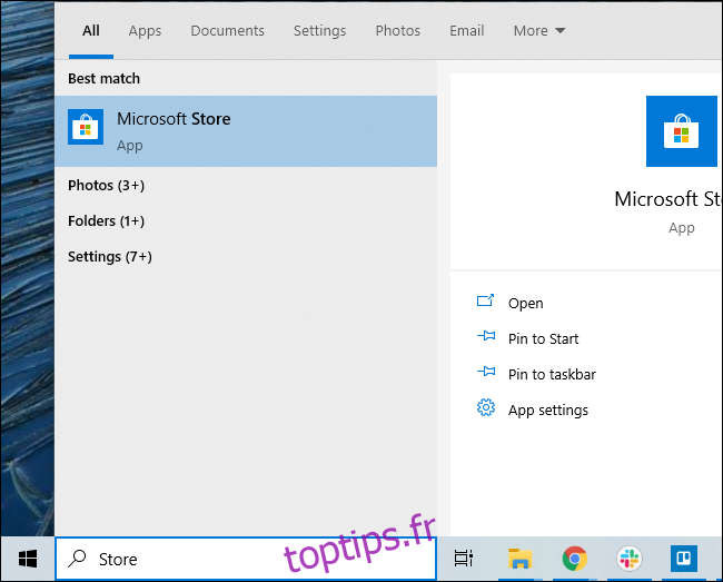 Lancement de l'application Microsoft Store sur Windows 10.