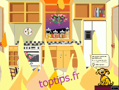 Un cadeau animé d'un bureau de cuisine en feu dans Microsoft Bob.