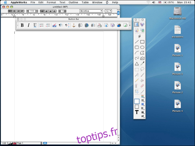AppleWorks 6.0 s'exécutant sur un ancien bureau Mac.