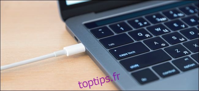 Câble Thunderbolt USB Type-C branché sur un MacBook.