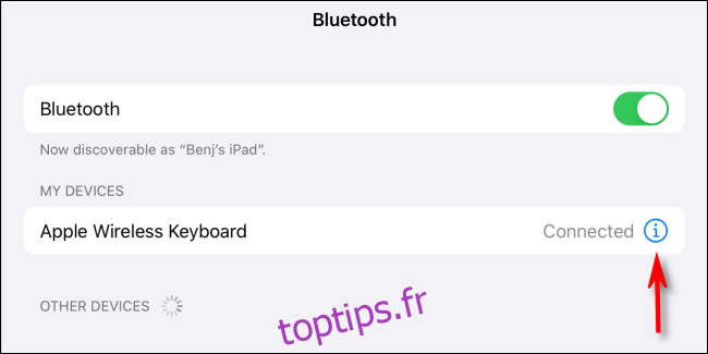 Appuyez sur l'icône Info dans Mes appareils sur Bluetooth dans Paramètres pour iPad