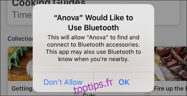 Message de demande d'autorisation Bluetooth générique de l'application Anova sur iOS 13.
