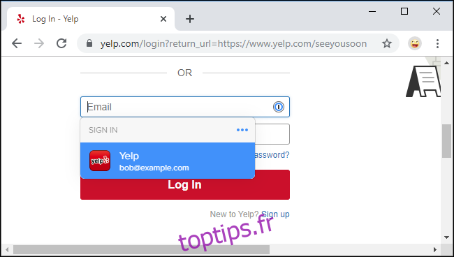Connexion au site Web Yelp avec 1Password X dans Google Chrome.