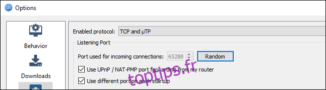 Options de port aléatoires dans le client BitTorrent qBittorrent.