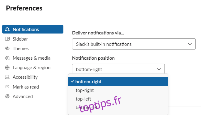 Options de position de notification Slack sur Windows 10.