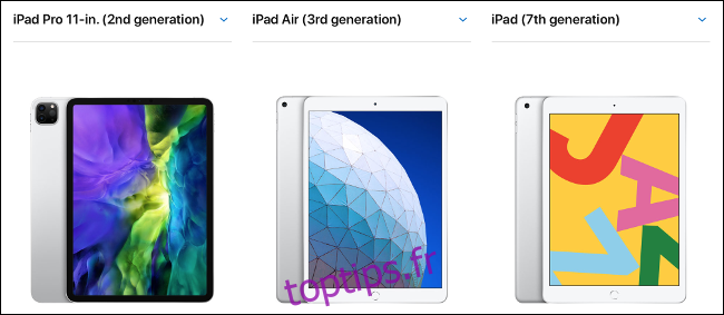 Comparaison côte à côte entre iPad, iPad Air et iPad Pro 11 pouces.