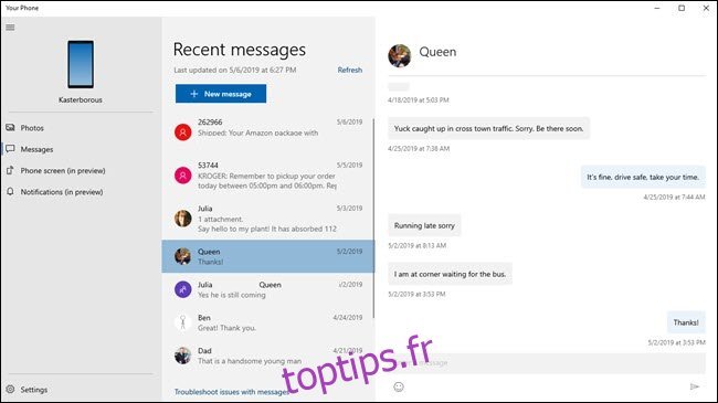 Votre application Téléphone affichant des messages texte avec des photos de contact.