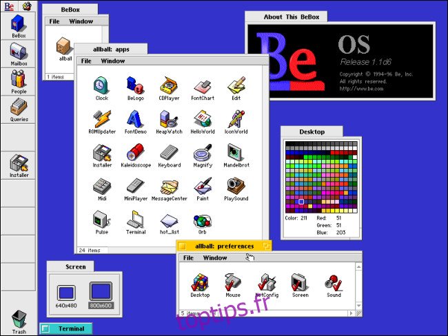 Plusieurs fenêtres de fichiers s'ouvrent sur la BeOS sur un ordinateur BeBox.