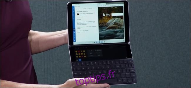 L'appareil Surface Neo de Microsoft avec son clavier attaché et la Wunderbar visible.
