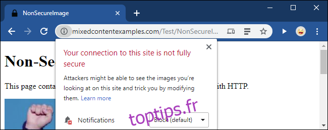 Avertissement Chrome concernant les images à contenu mixte.