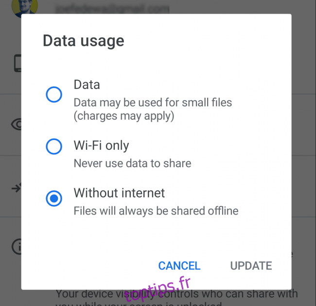 Options d'utilisation des données pour le partage à proximité sur Android