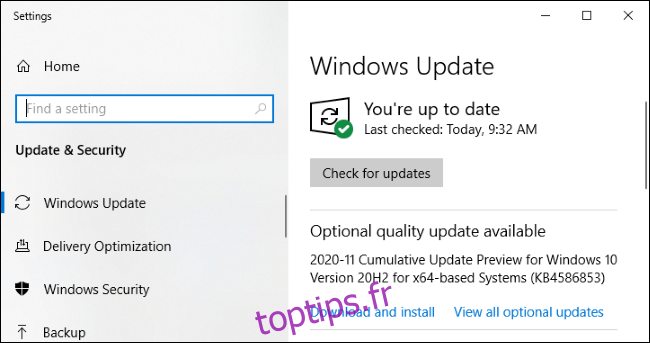 Windows Update montrant un 
