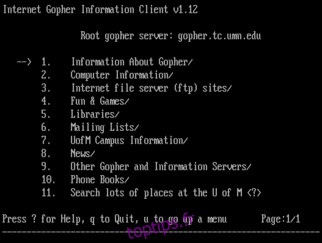Le menu principal de Gopher dans une fenêtre de terminal.