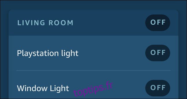 Application Alexa montrant deux lumières nommées Playstation Light et Window Light