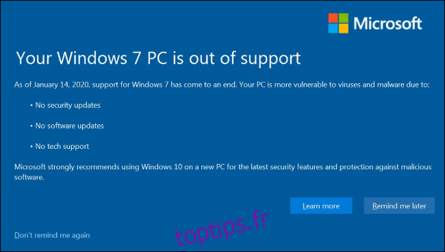 Message de support de Microsoft sur l'ordinateur Windows 7.