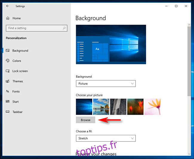 Cliquez sur Parcourir pour choisir un fond d'écran dans Windows 10