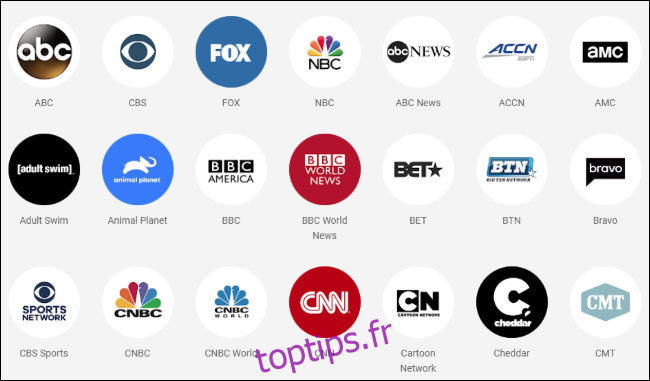 Logos des réseaux de télévision disponibles sur YouTube TV