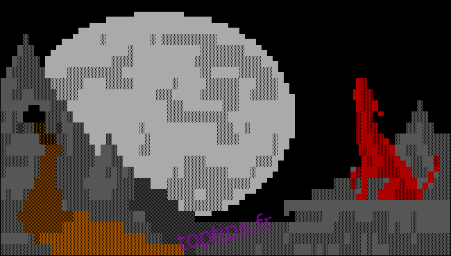 Art ANSI de la grotte BBS d'un loup rouge hurlant à la lune.