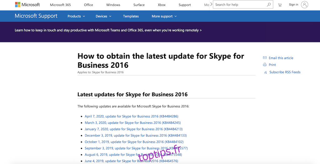 Page de mise à jour de Skype Entreprise