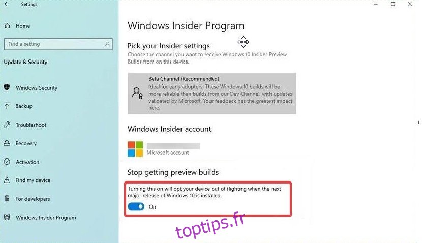 Désactiver le programme Windows Insider