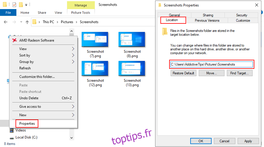 Windows 10 montre comment modifier l'emplacement par défaut des captures d'écran enregistrées