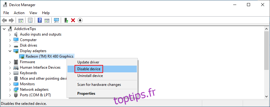 Windows montre comment désactiver un appareil dans le Gestionnaire de périphériques