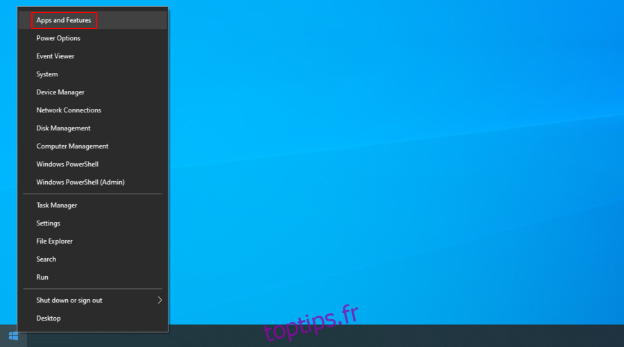 Windows 10 montre comment accéder aux applications et fonctionnalités à partir du menu contextuel Démarrer