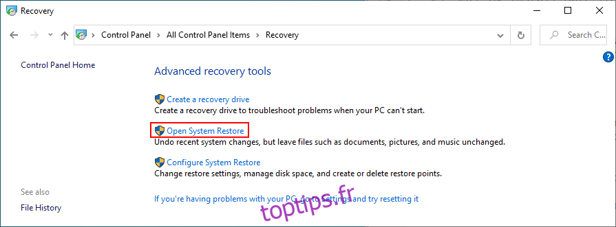 Windows 10 montre comment ouvrir la restauration du système