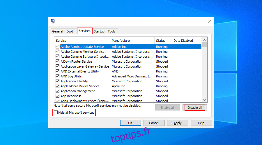 Windows 10 montre comment désactiver tous les services