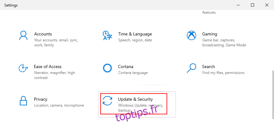 Windows 10 montre comment accéder aux paramètres de mise à jour et de sécurité