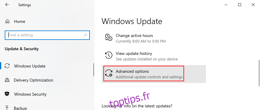 Windows 10 montre comment accéder aux options avancées de Windows Update