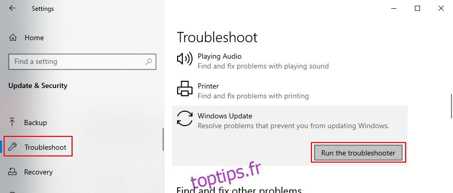 Windows 10 montre comment exécuter l'utilitaire de résolution des problèmes de Windows Update