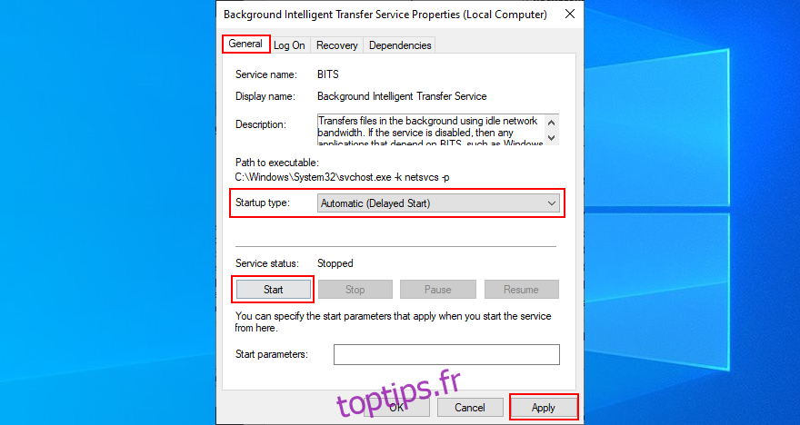 Windows 10 montre comment modifier le type de démarrage du service de transfert intelligent en arrière-plan