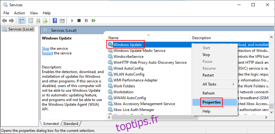 Windows 10 montre comment accéder aux propriétés du service Windows Update